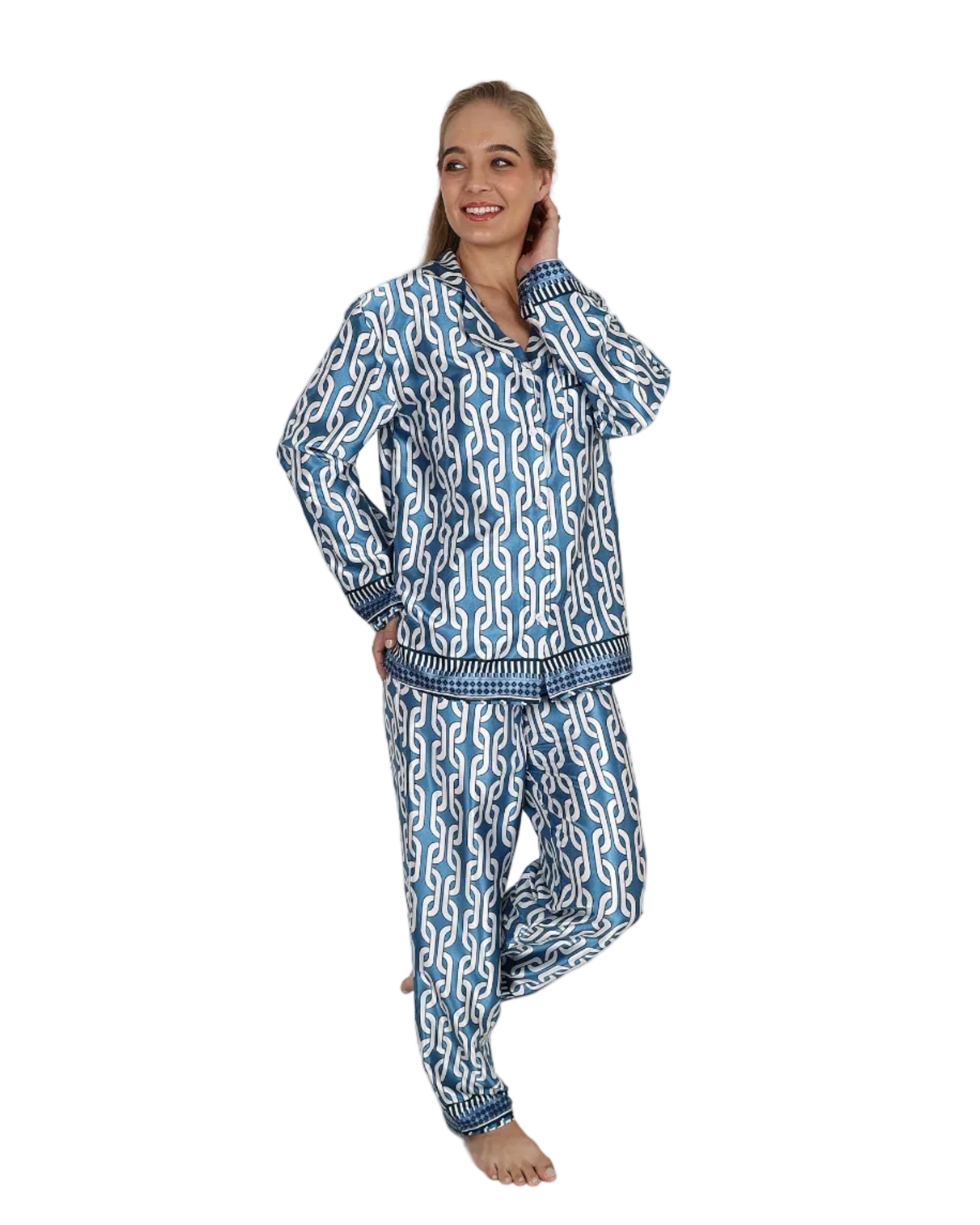 Long Sleeve Blue Damask Satin Pyjama Pant Set