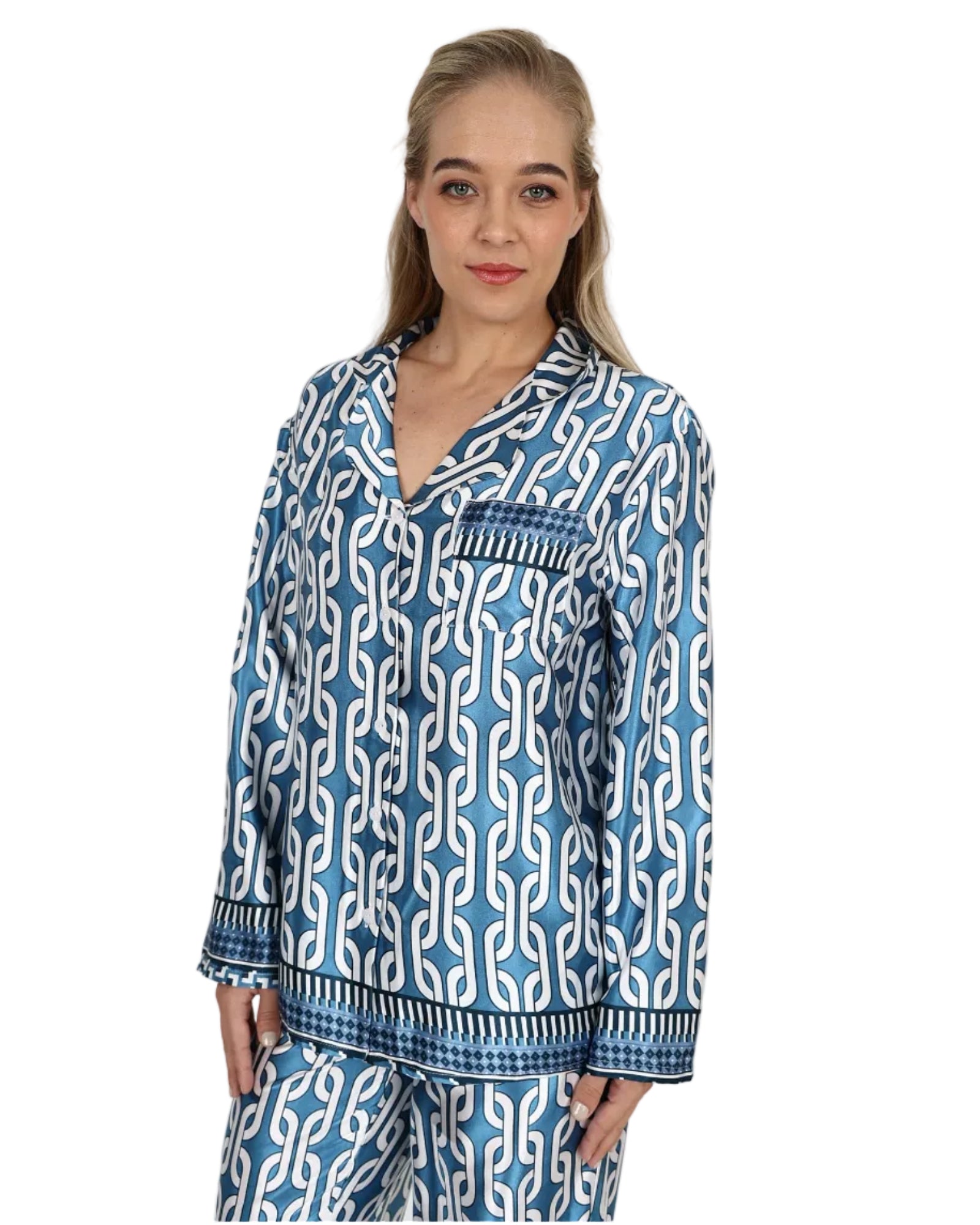 Long Sleeve Blue Damask Satin Pyjama Pant Set