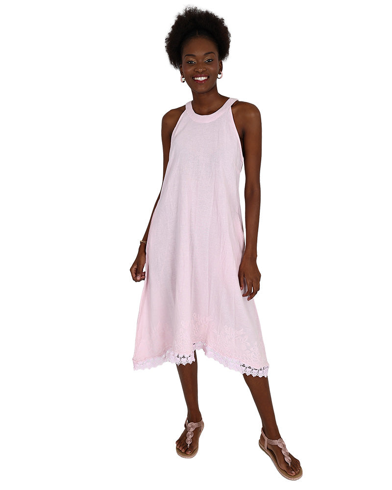 Sleeveless Pink High Neck Embroidered Hem Detail Dress