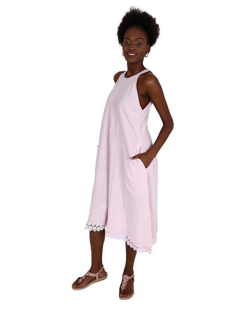 Sleeveless Pink High Neck Embroidered Hem Detail Dress