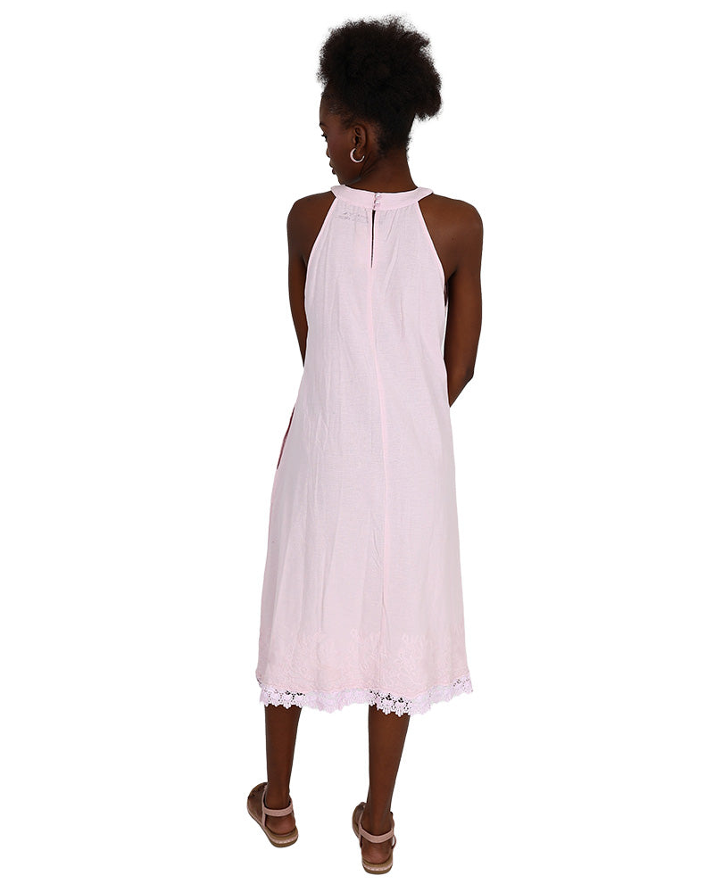 Sleeveless Pink High Neck Embroidered Hem Detail Dress