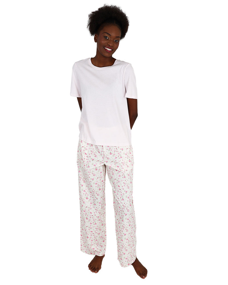 Short Sleeve Soft Pink Floral Long Pyjama Set
