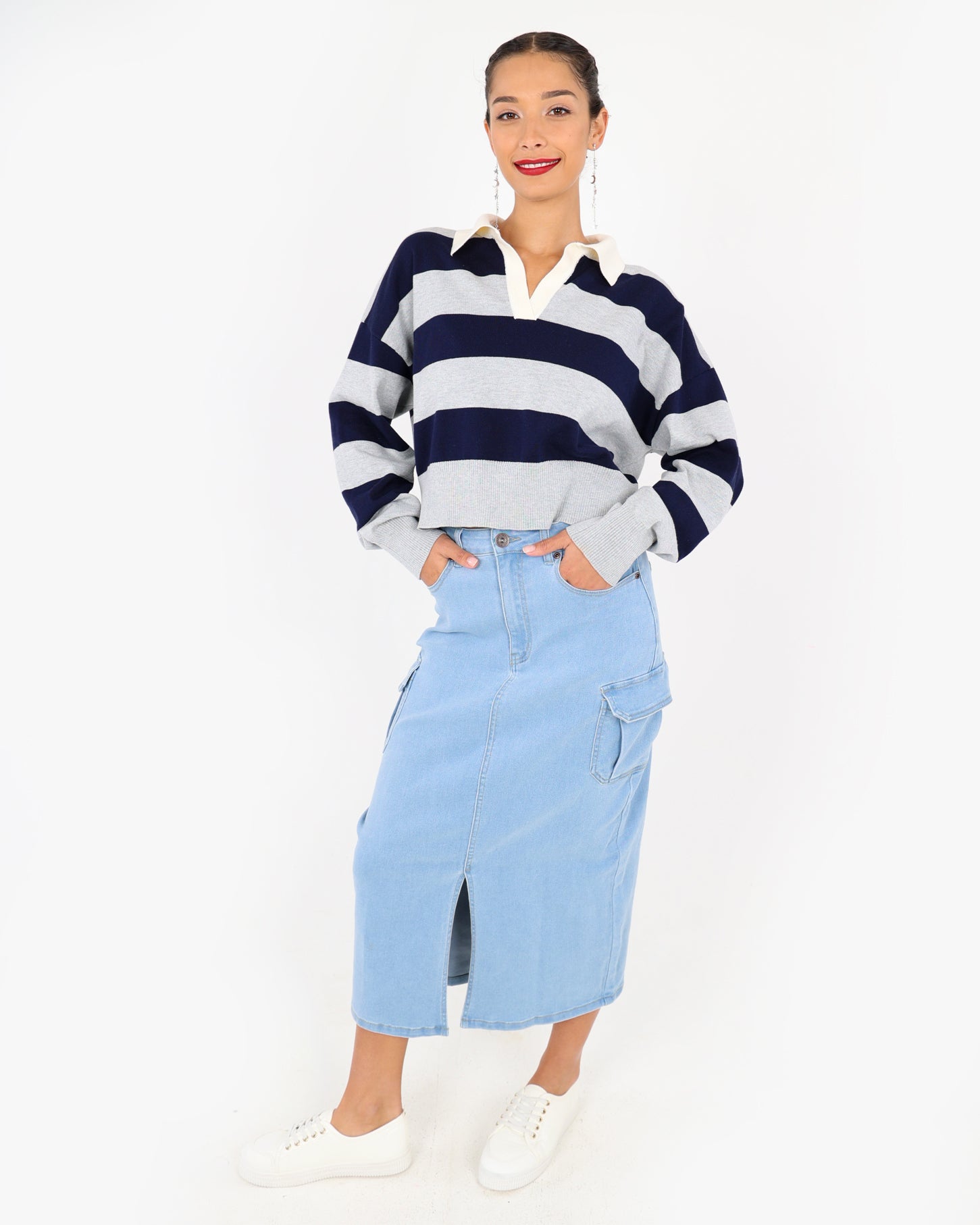 Denim Cargo Midi Skirt