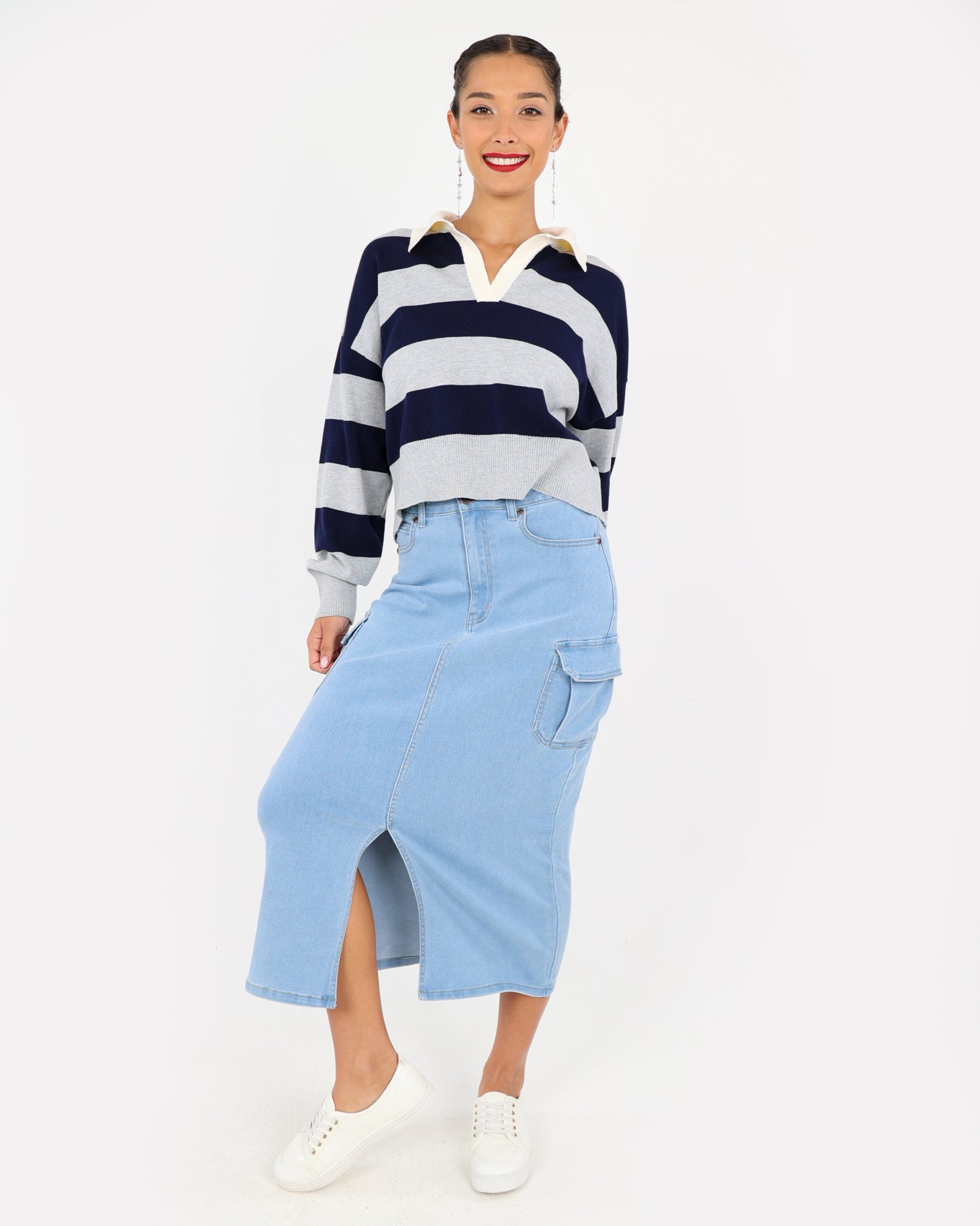 Denim Cargo Midi Skirt