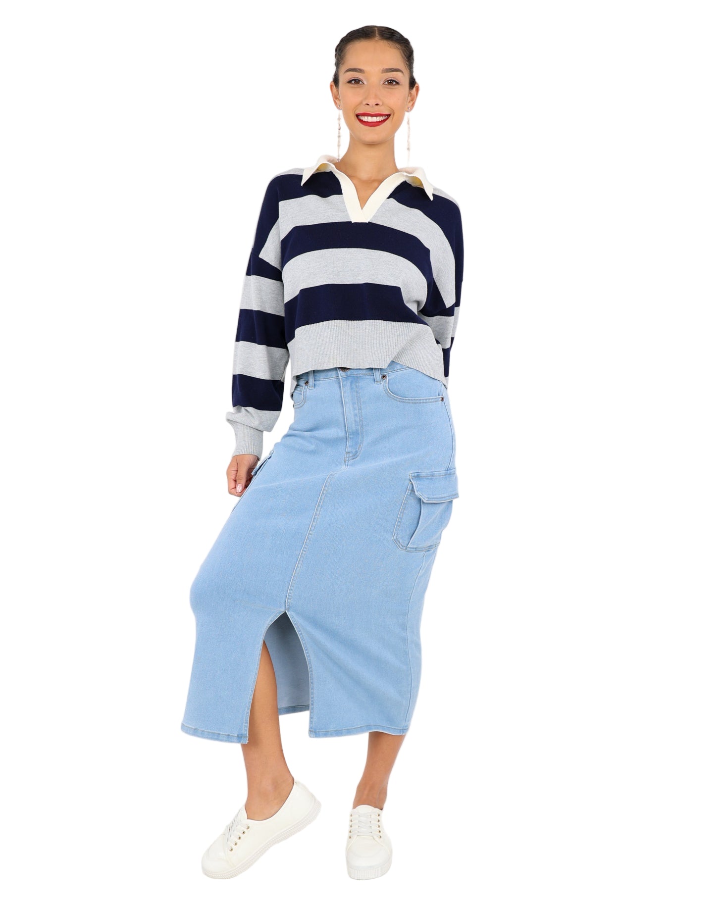 Denim Cargo Midi Skirt