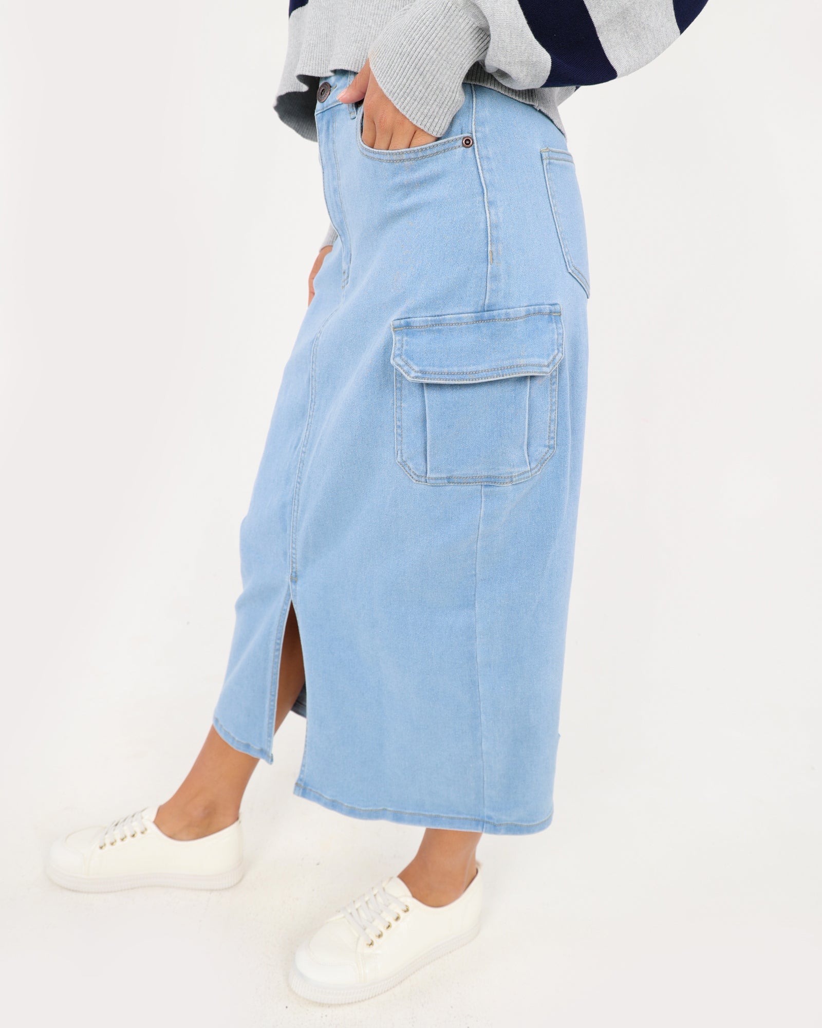 Denim Cargo Midi Skirt