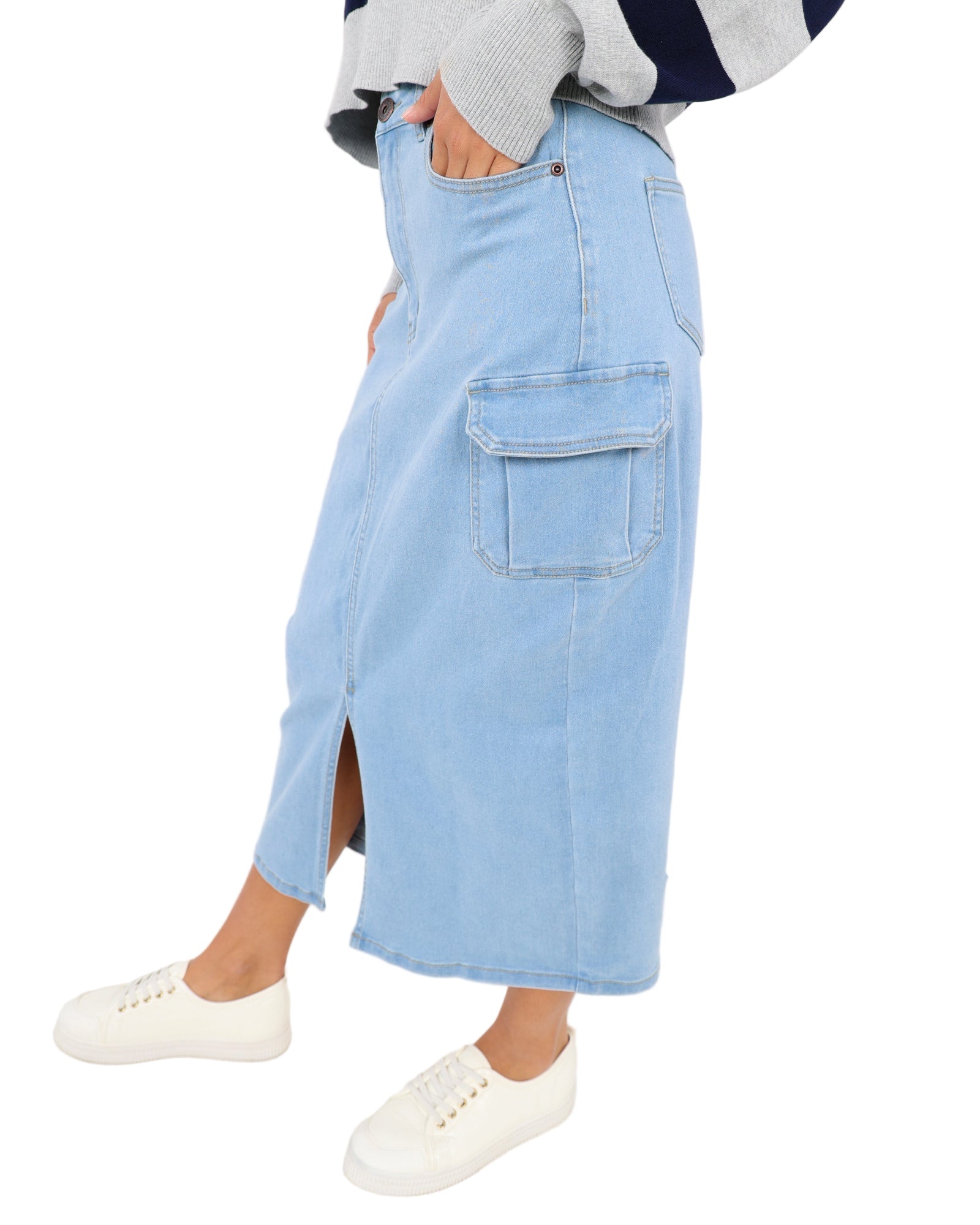 Denim Cargo Midi Skirt