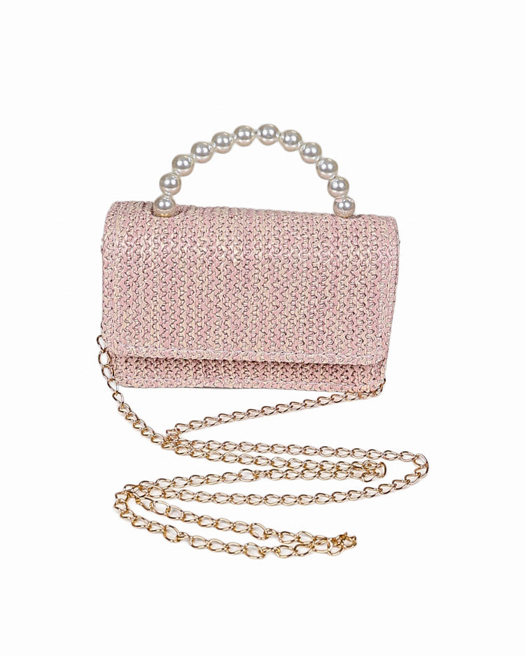 Pink Woven Pearl Handle Handbag