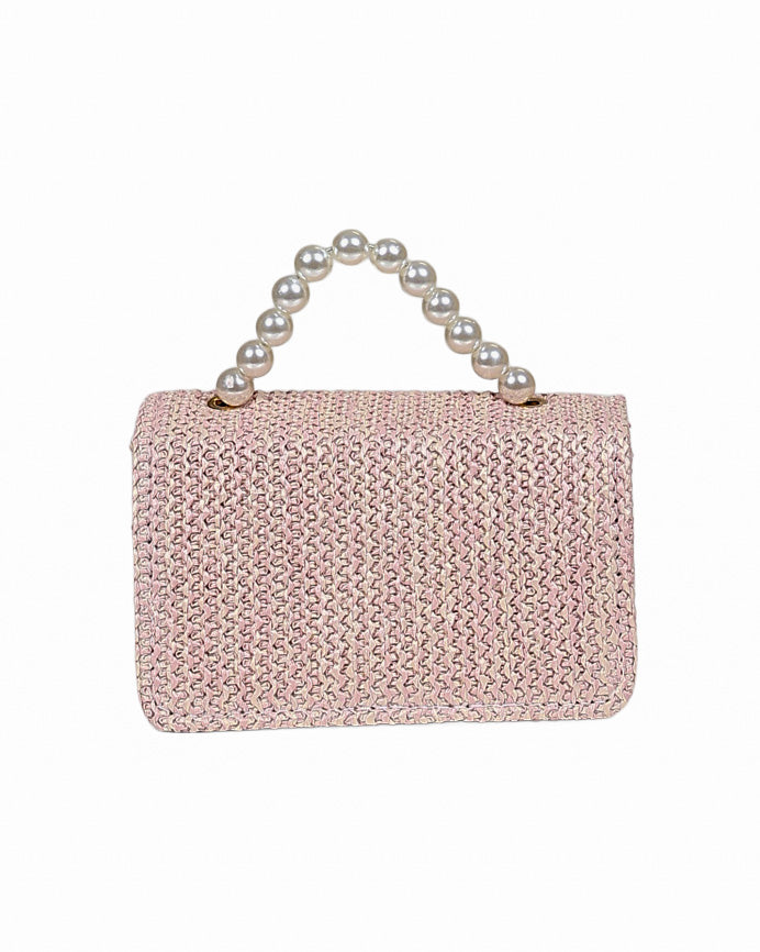 Pink Woven Pearl Handle Handbag