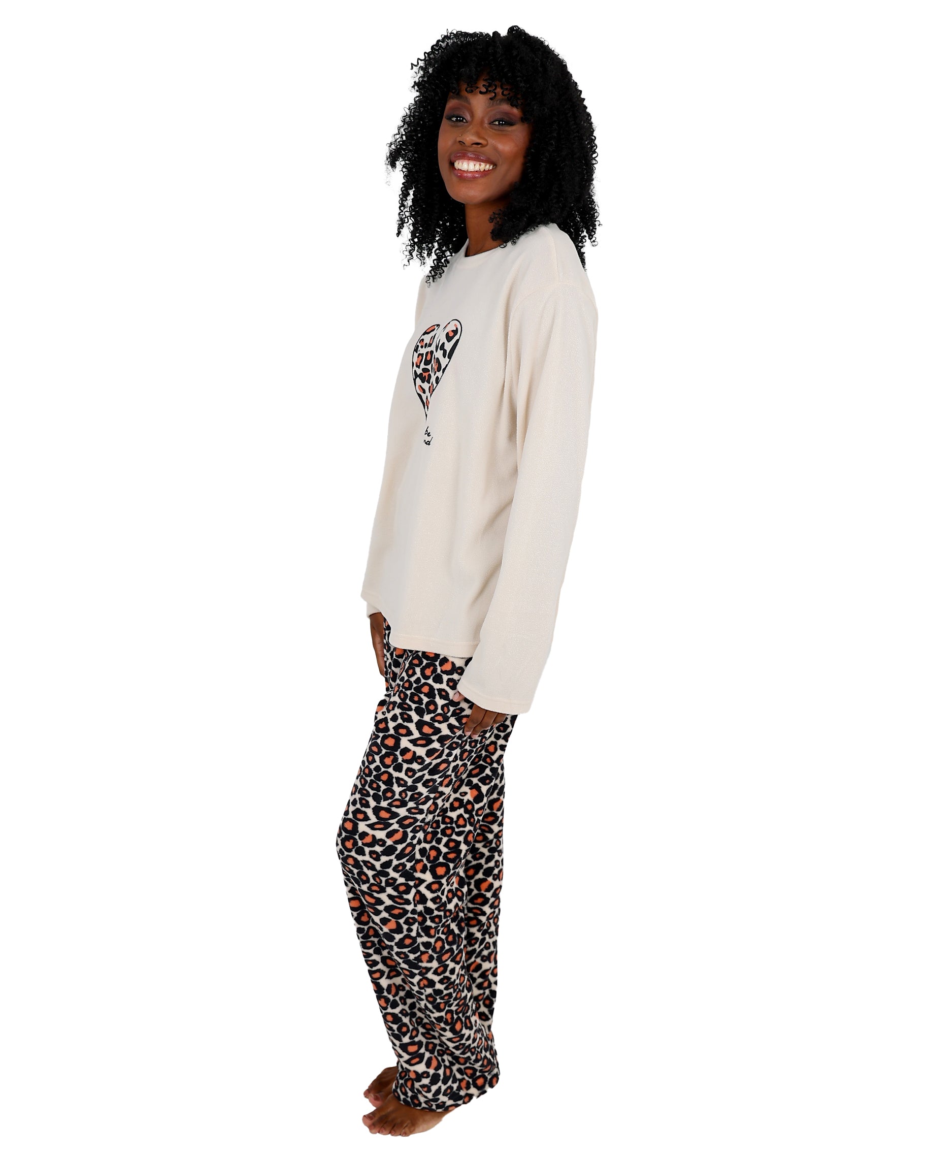 Long Sleeve Coral Fleece Leopard Pyjama Pant Set