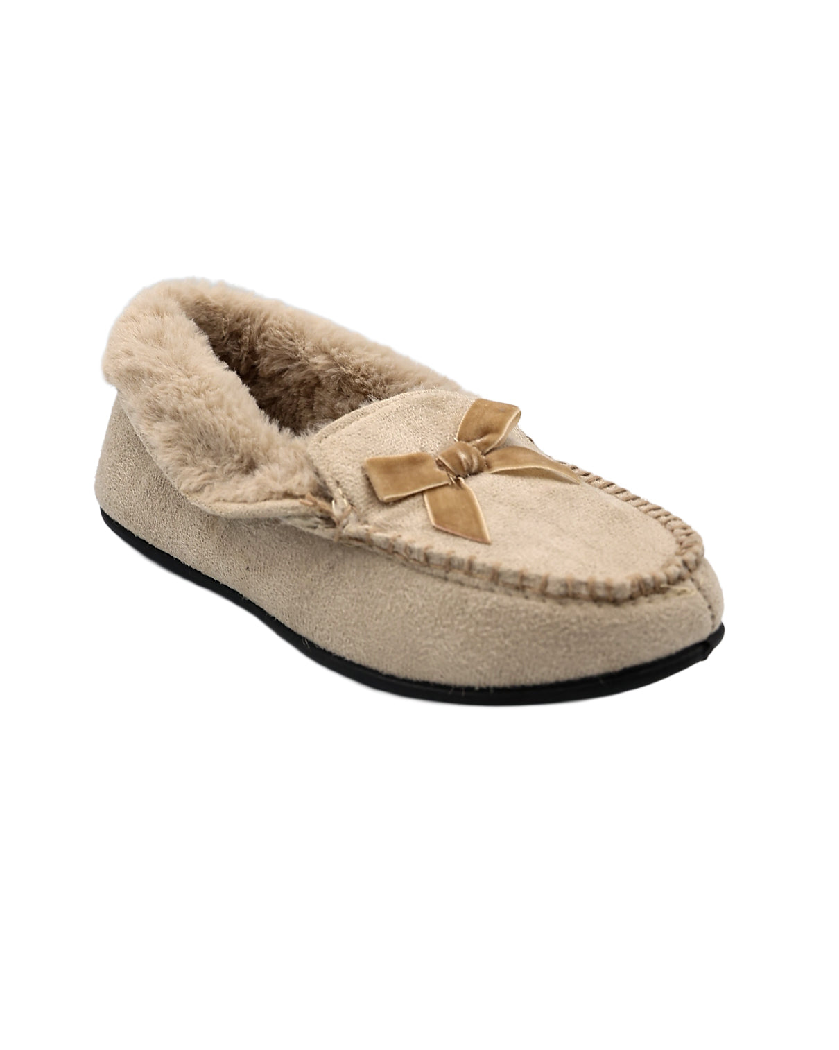Bow Detail Fur Collar Moccasin Slippers