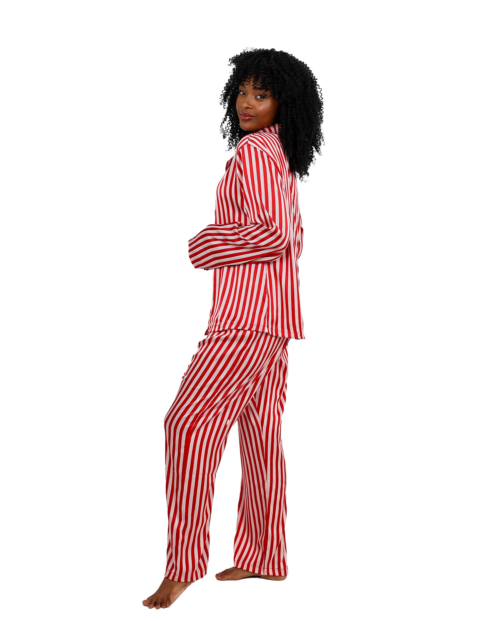 Long Sleeve Red & White Stripe Satin Pajama Pants Set