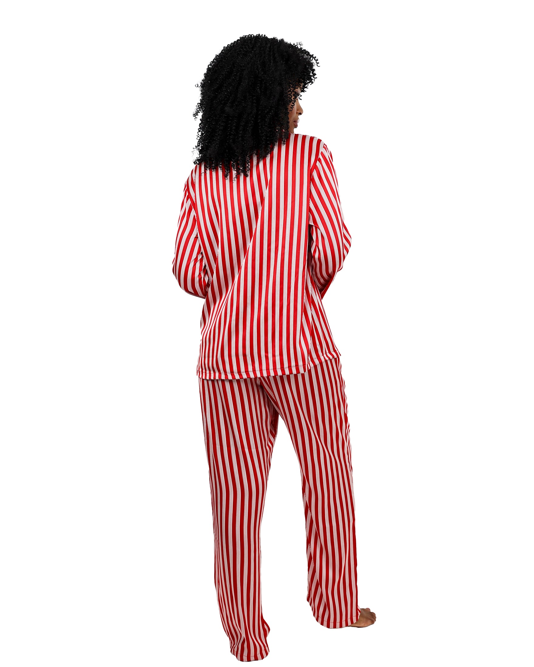 Long Sleeve Red & White Stripe Satin Pyjama Pants Set