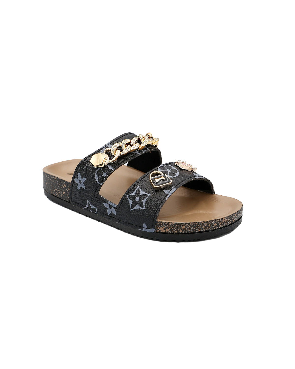 Girls Black Double Band Charm Detail Slide