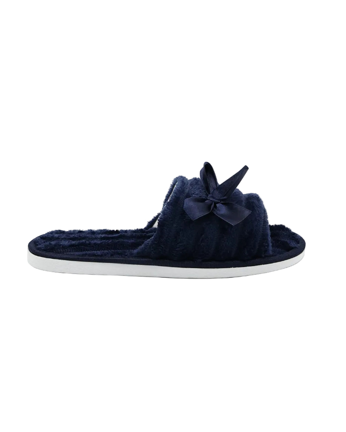 Navy Satin Bow Plush Band Slippers
