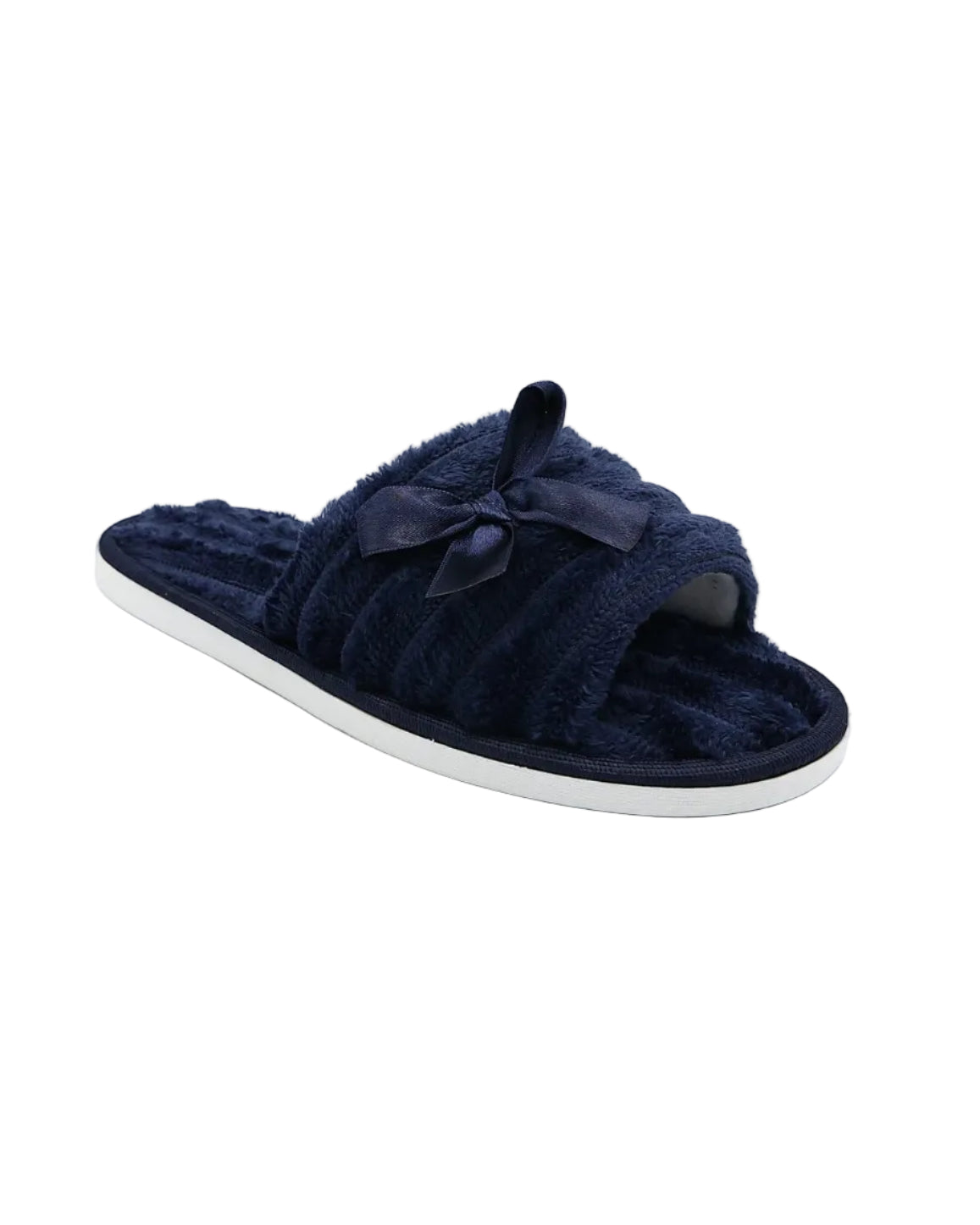 Navy Satin Bow Plush Band Slippers