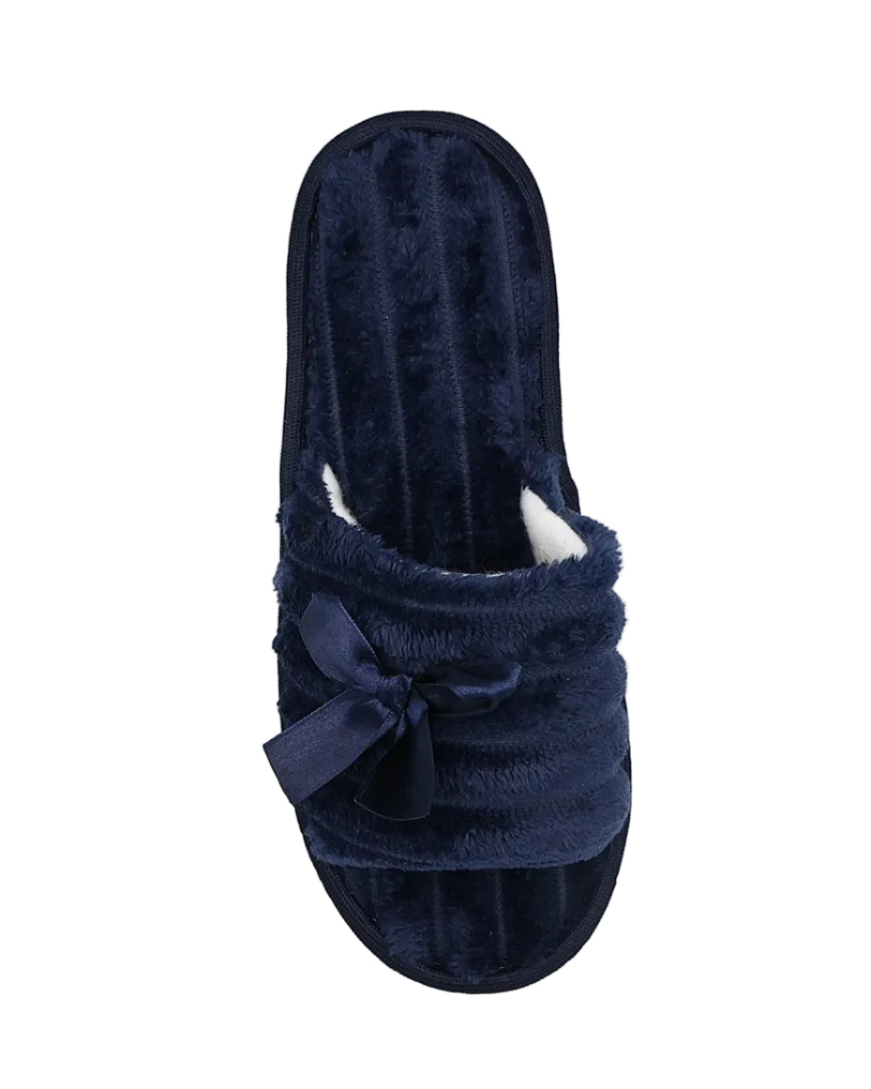 Navy Satin Bow Plush Band Slippers