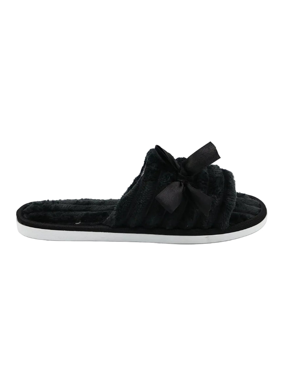 Black Satin Bow Plush Band Slippers