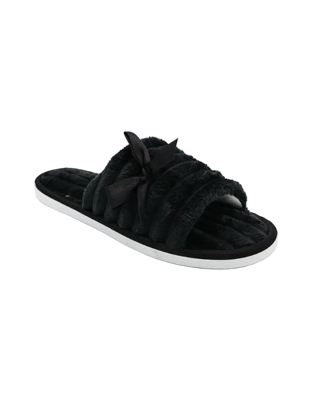 Black Satin Bow Plush Band Slippers