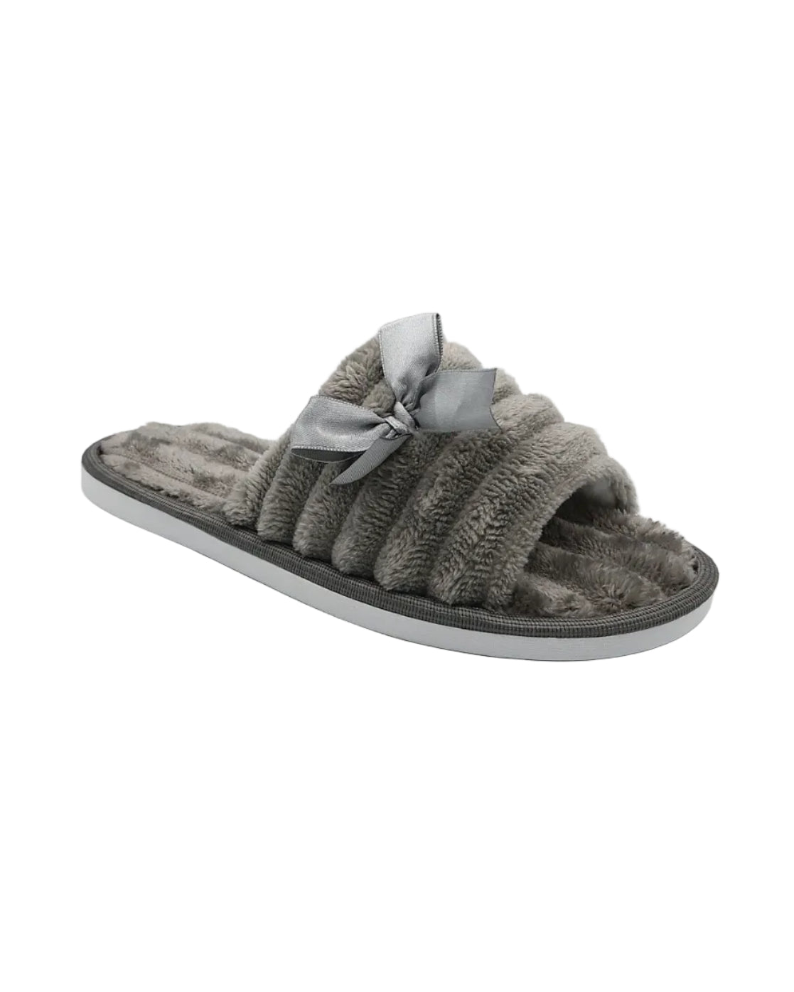 Grey Satin Bow Plush Band Slipper