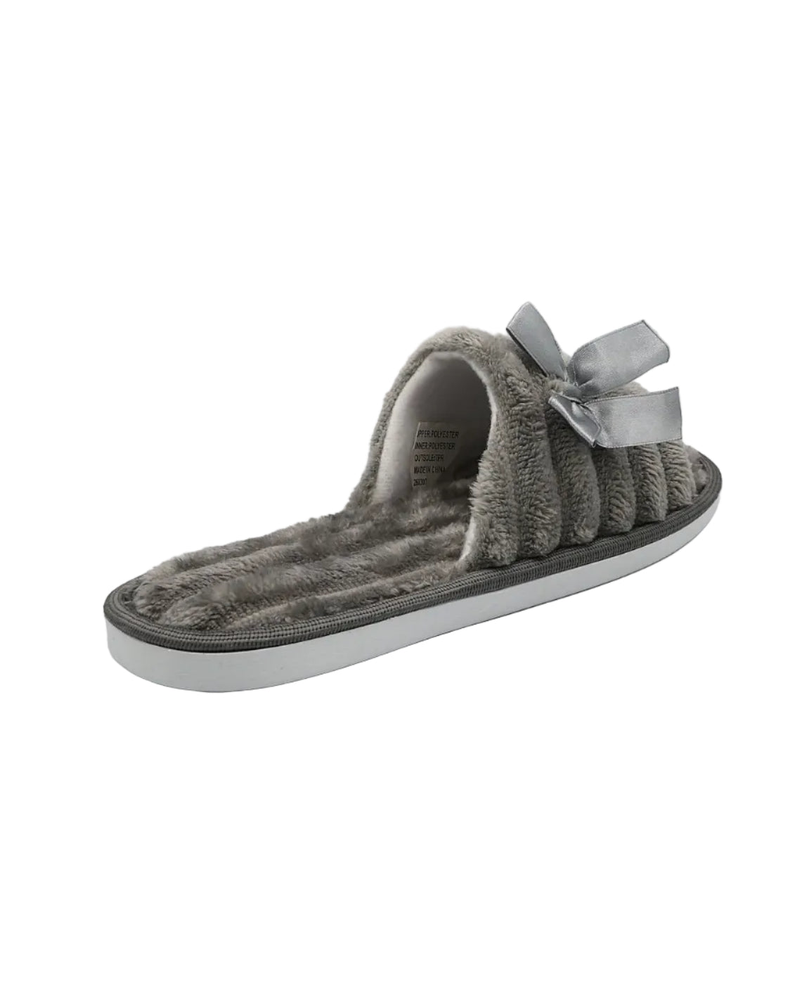 A single gray plush slip-on house slipper with a small light gray bow on the strap, shown on a white studio background.