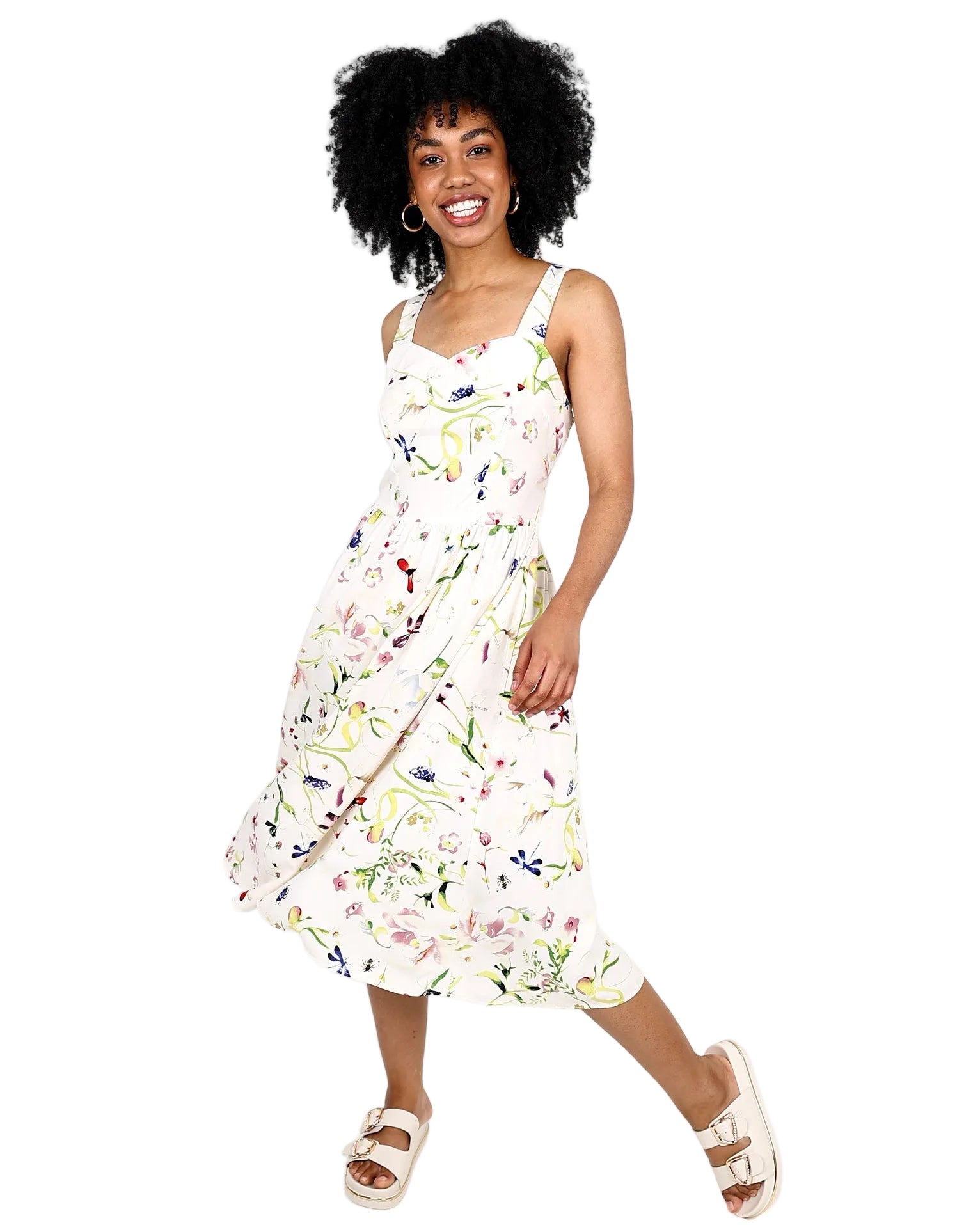 Strappy Floral Sweetheart Midi Dress With Pockets