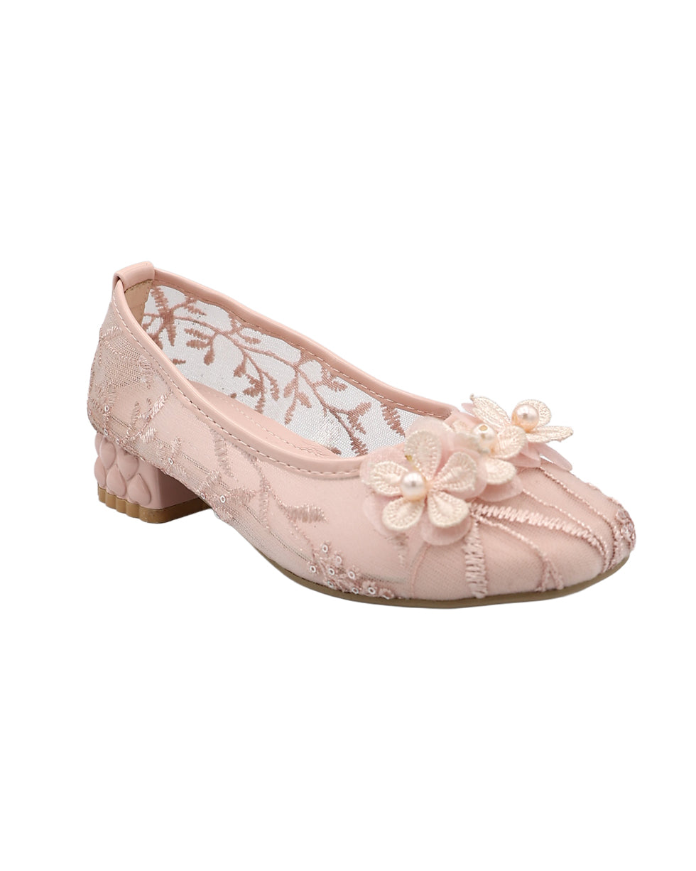 Girls Pink Lace Court Shoes