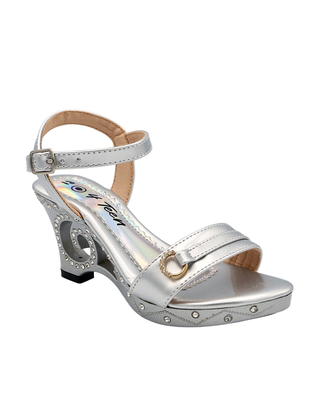 Girls Silver Diamante Swirl Cut Out High Heel Party Shoes