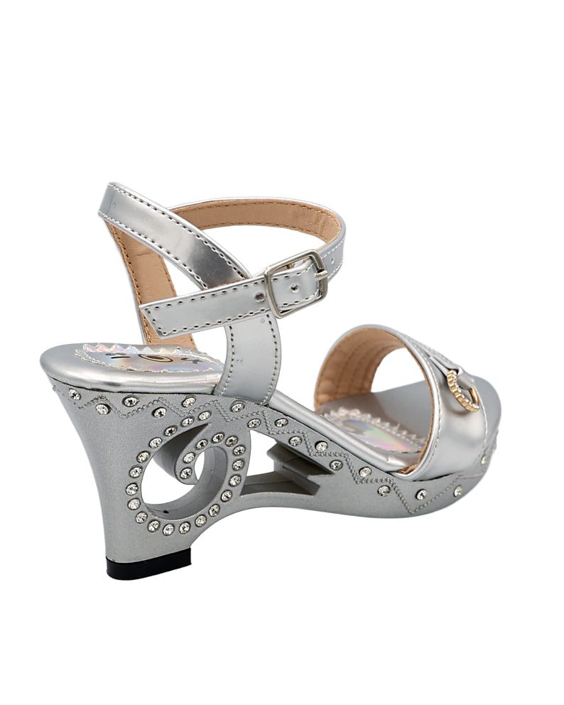 Girls Silver Diamante Swirl Cut Out High Heel Party Shoes
