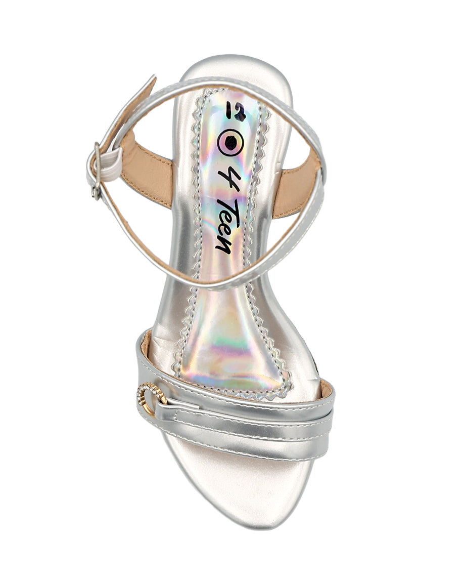 Girls Silver Diamante Swirl Cut Out High Heel Party Shoes