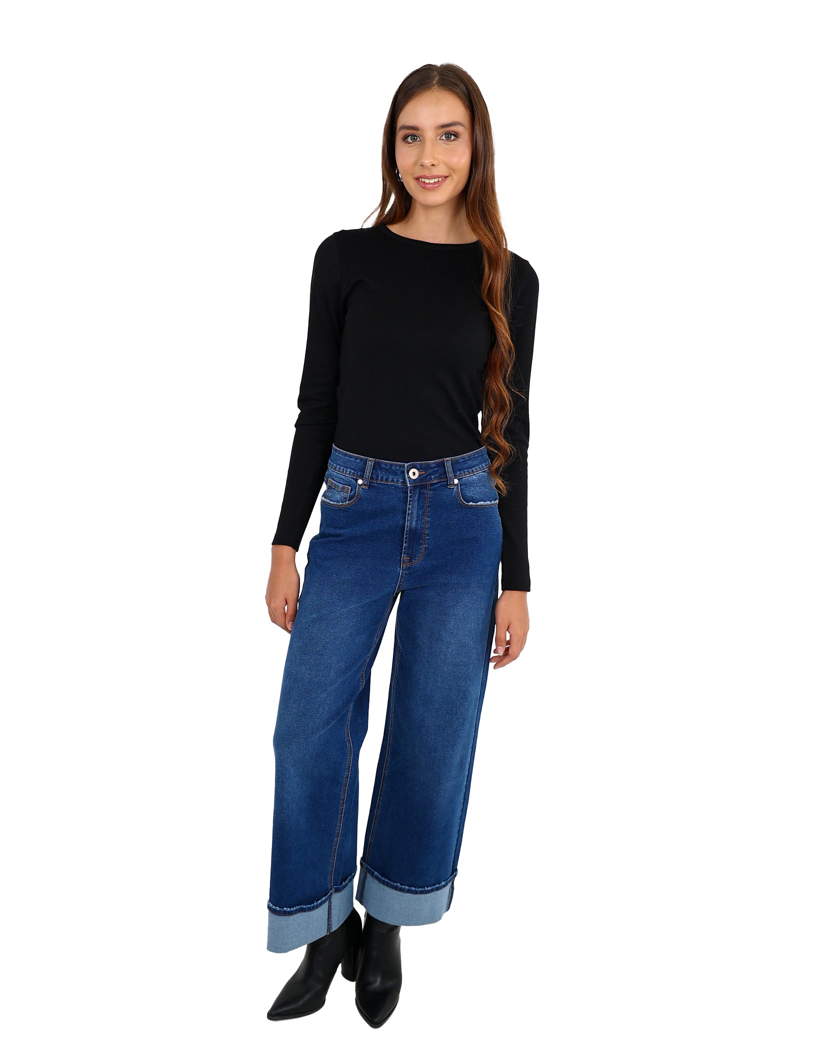 Dark Indigo Wide Leg Turn Up Jeans