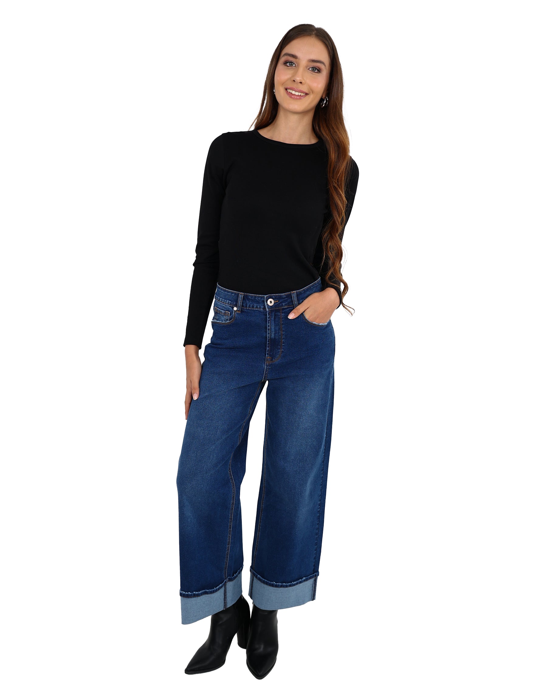 Dark Indigo Wide Leg Turn Up Jeans
