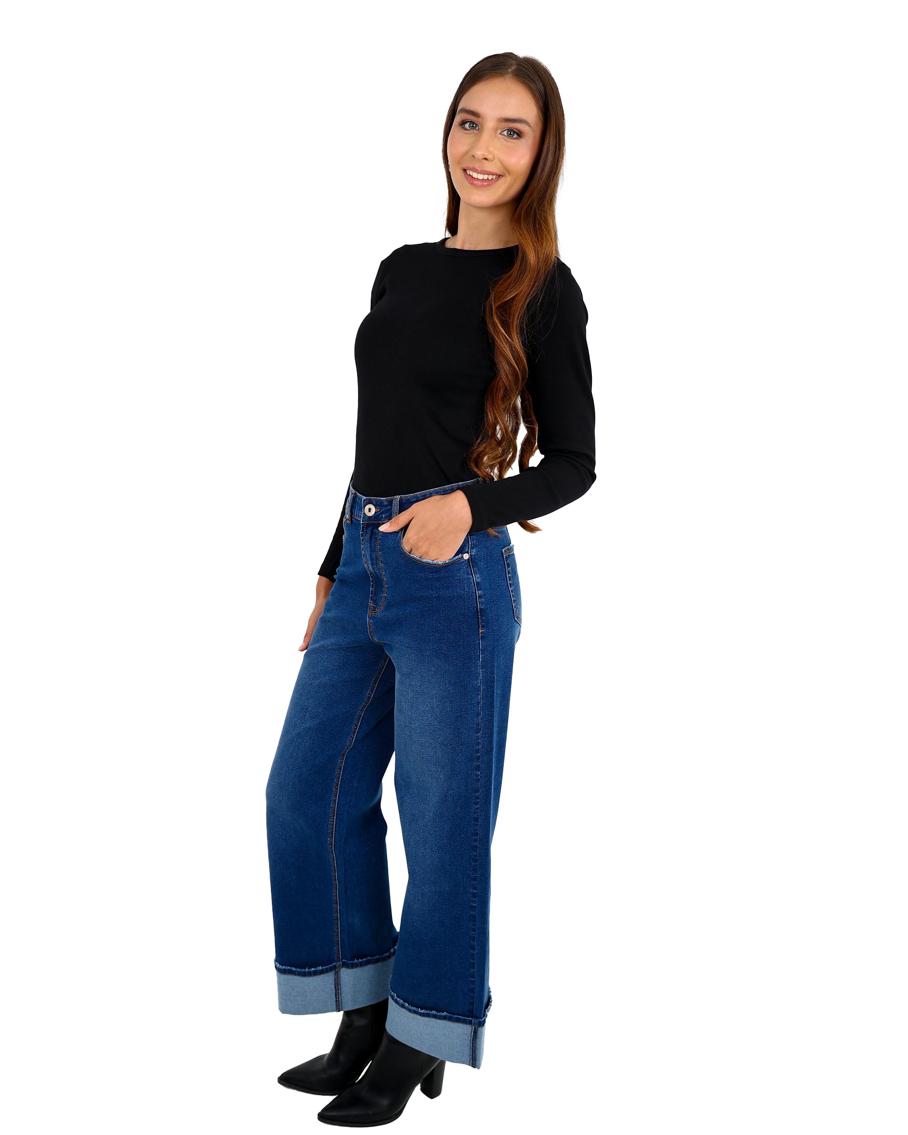 Dark Indigo Wide Leg Turn Up Jeans