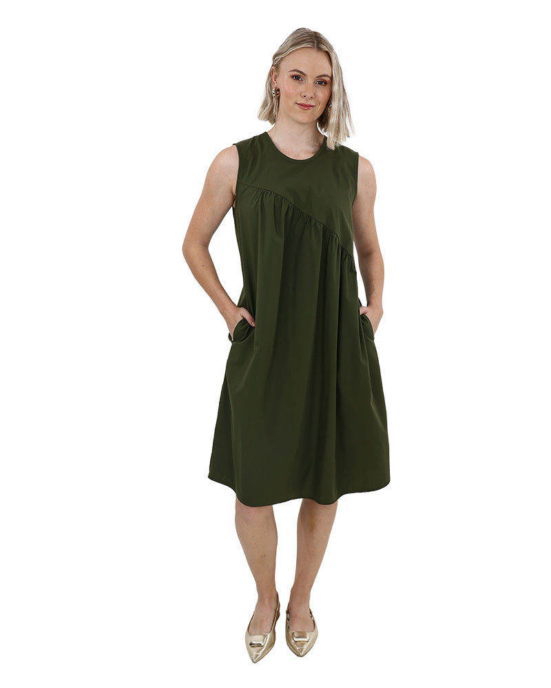Sleeveless Olive Asymmetrical Detail Dress