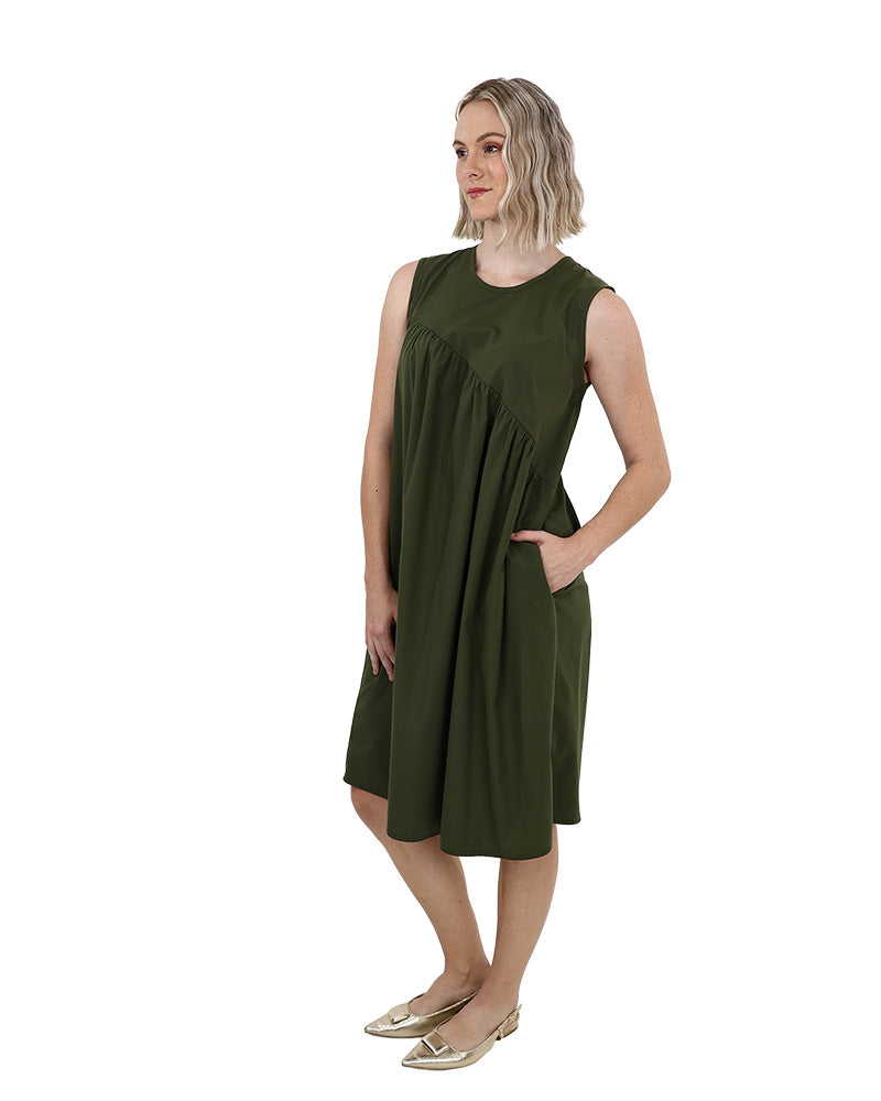 Sleeveless Olive Asymmetrical Detail Dress