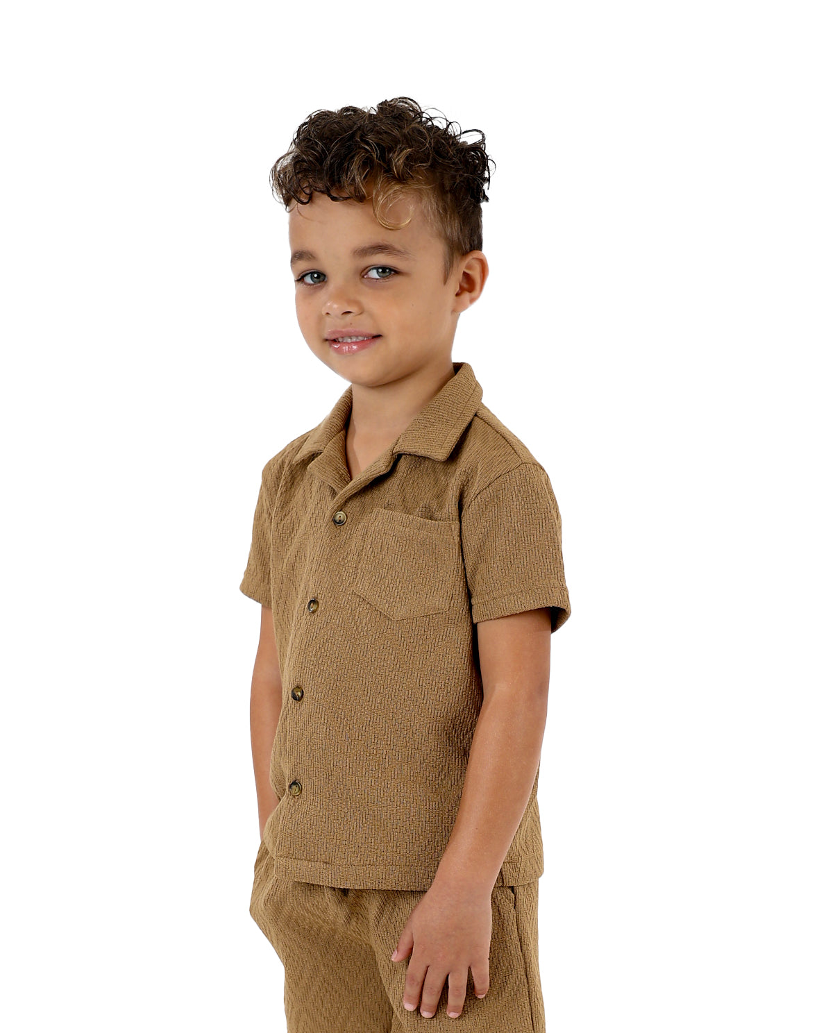 Short Sleeve Diamond Jacquard Beige Co-Ord Set Shirt