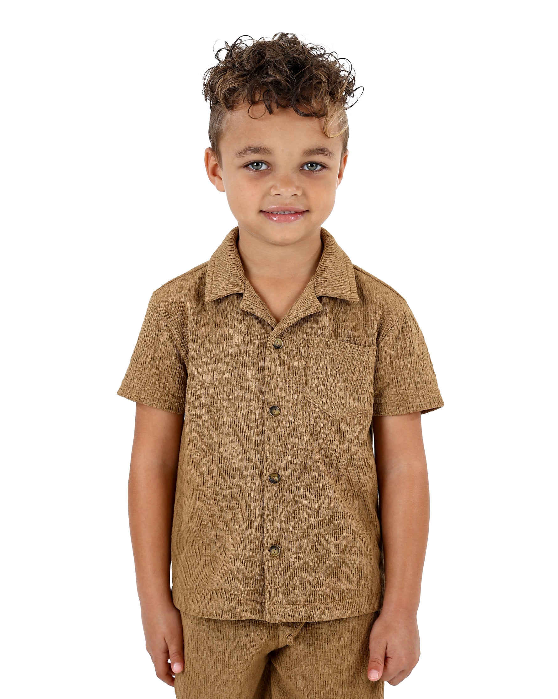 Short Sleeve Diamond Jacquard Beige Co-Ord Set Shirt