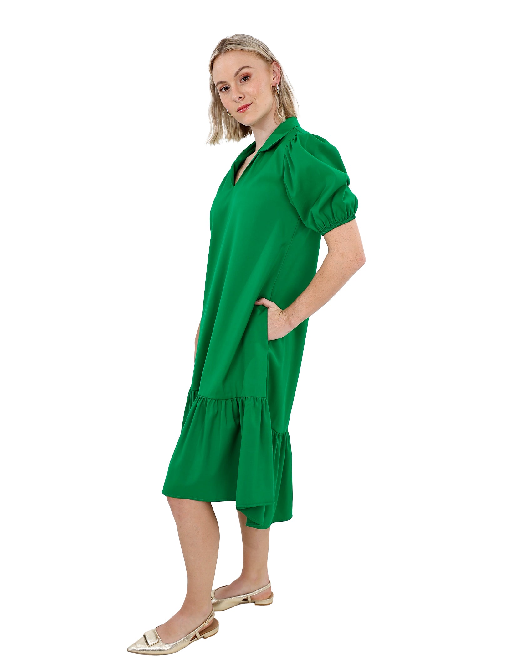 Green Knee Length High-Low Collared Dress