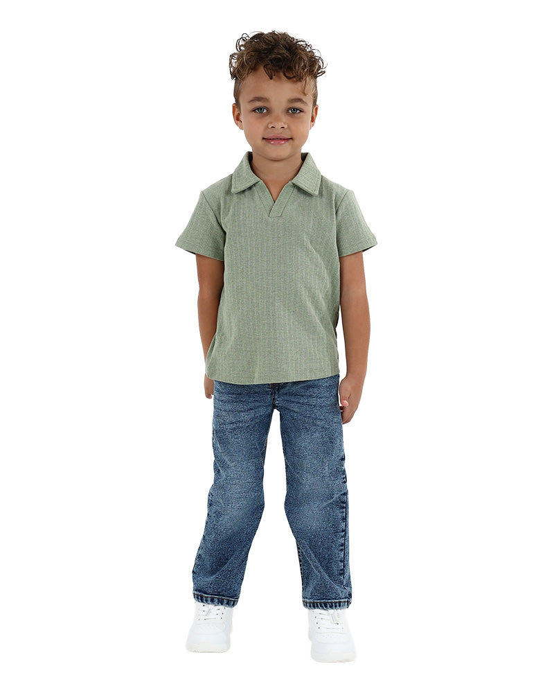 Short Sleeve Striped Jacquard Open Neck Golfer