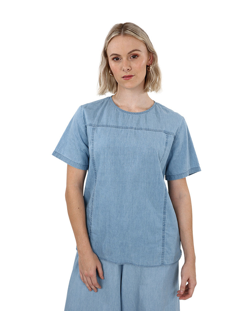 Denim Chambray Short Sleeve Blouse