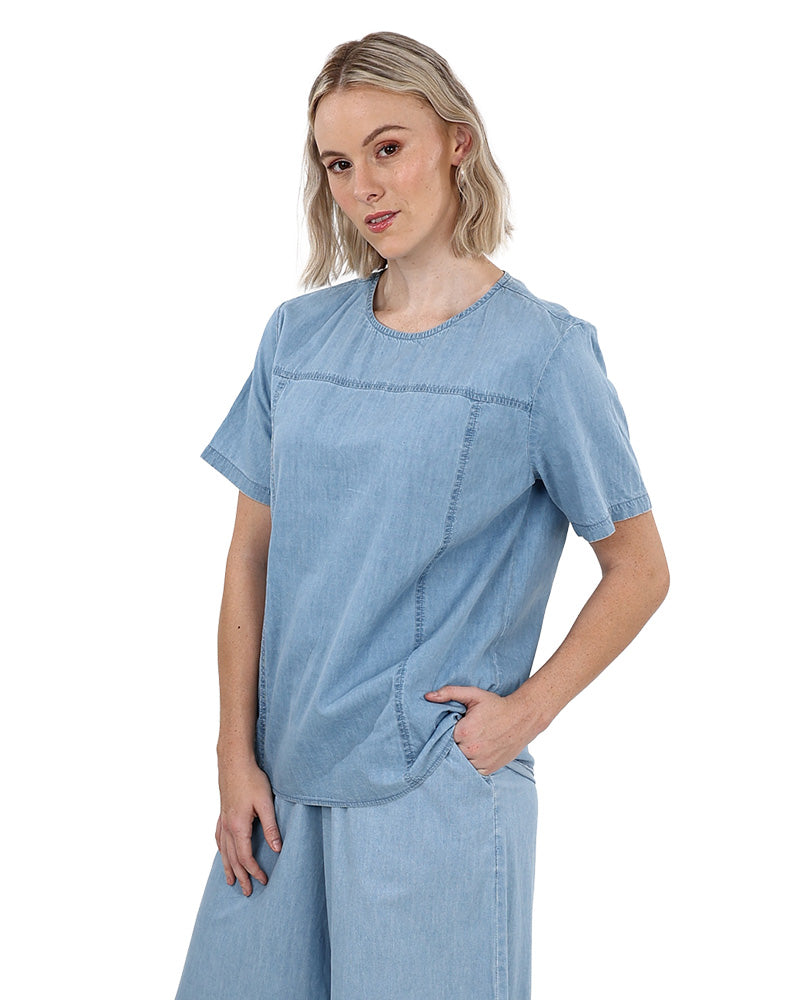 Denim Chambray Short Sleeve Blouse