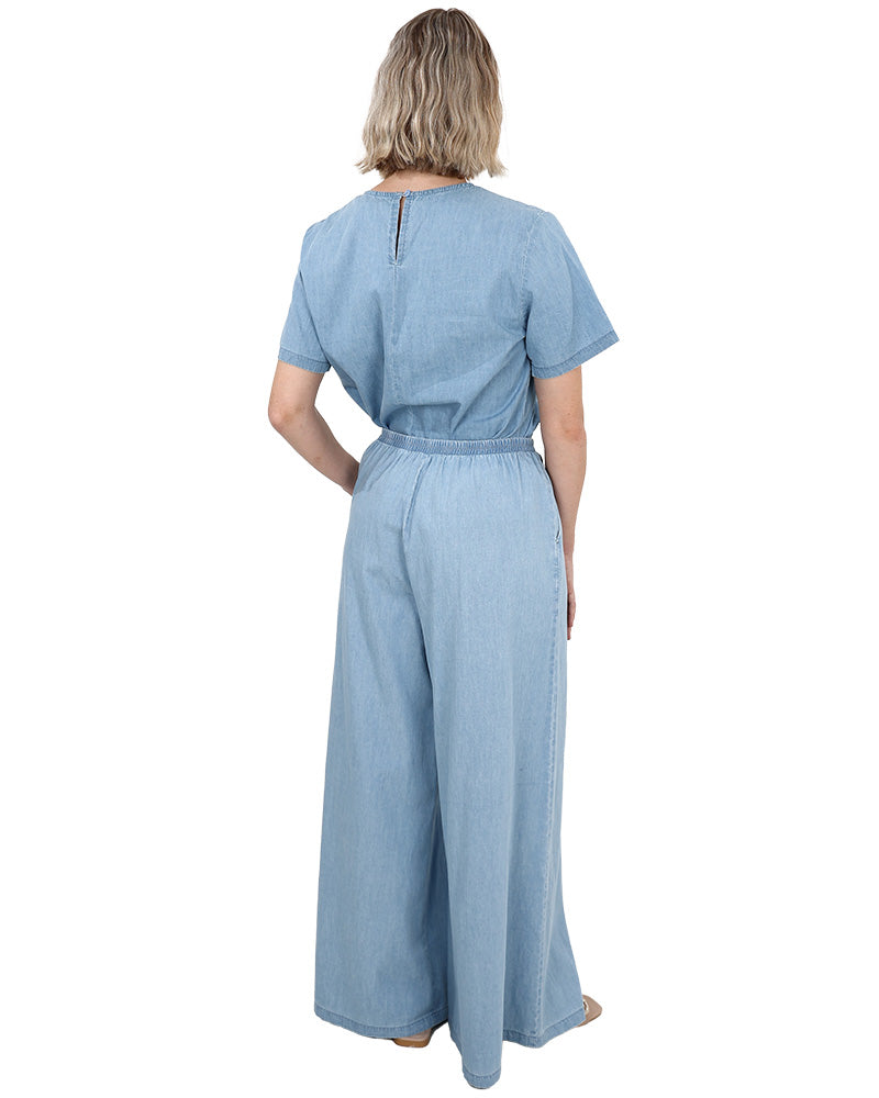 Denim Chambray Pull Up Wide Leg Pants