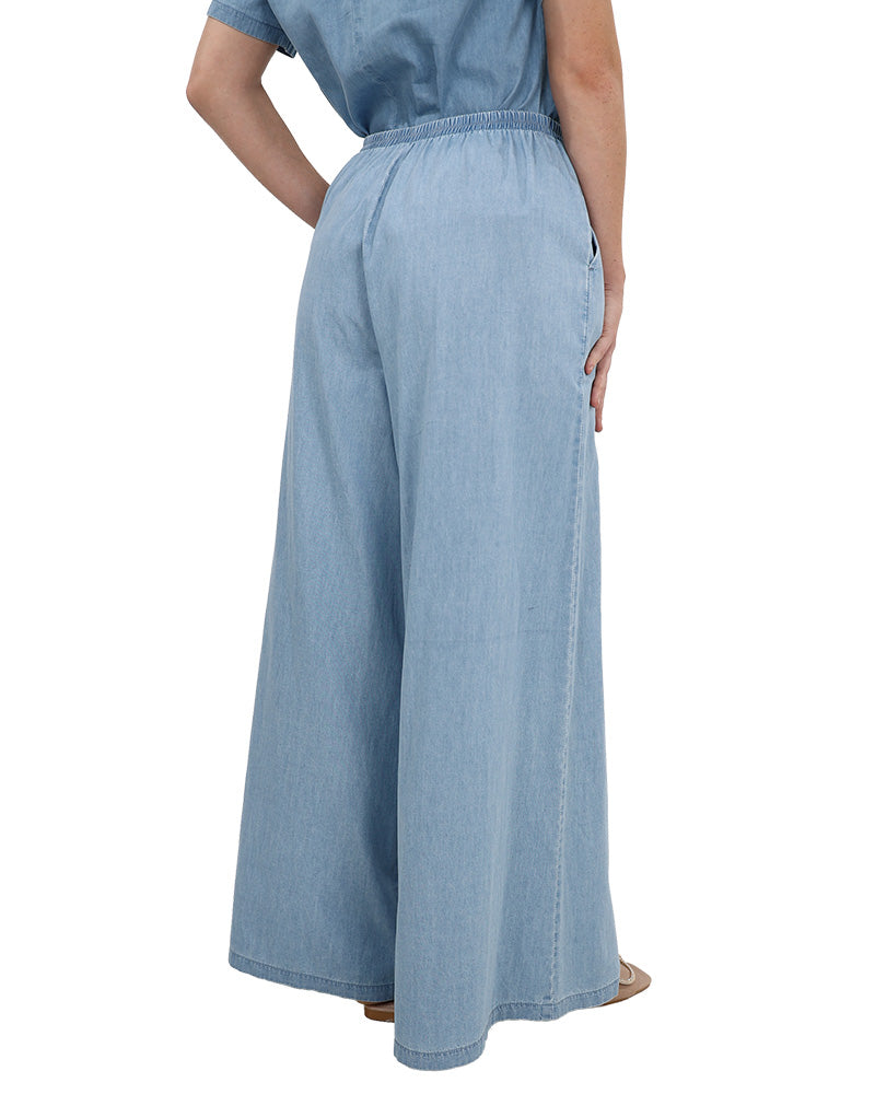 Denim Chambray Pull Up Wide Leg Pants