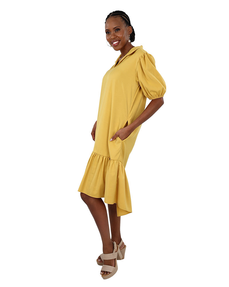 Mustard Knee Length High-Low Collared Dress