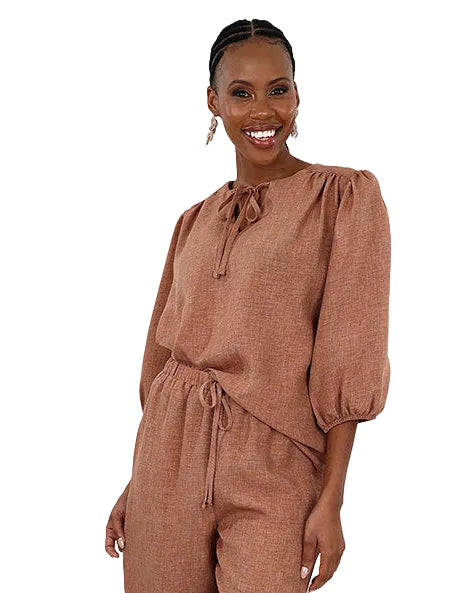 3/4 Puff Sleeve Mocha Tie Front Blouse