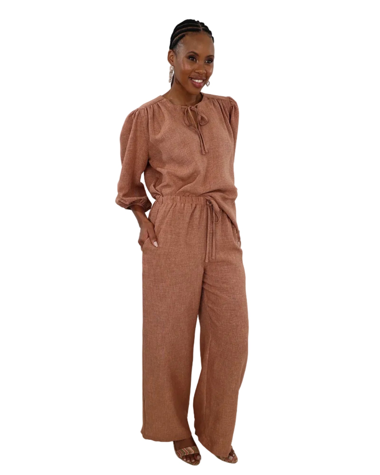 3/4 Puff Sleeve Mocha Tie Front Blouse