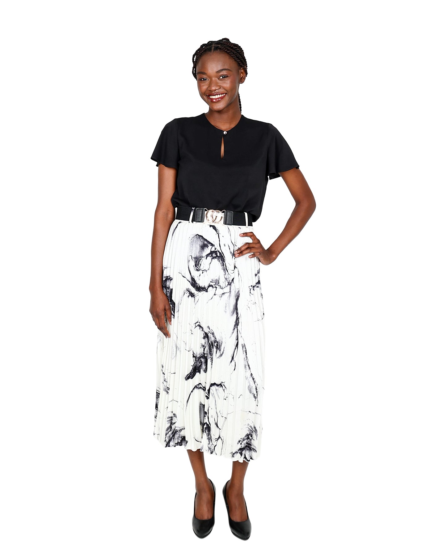 Satin Monochrome Print Pleated Midi Skirt