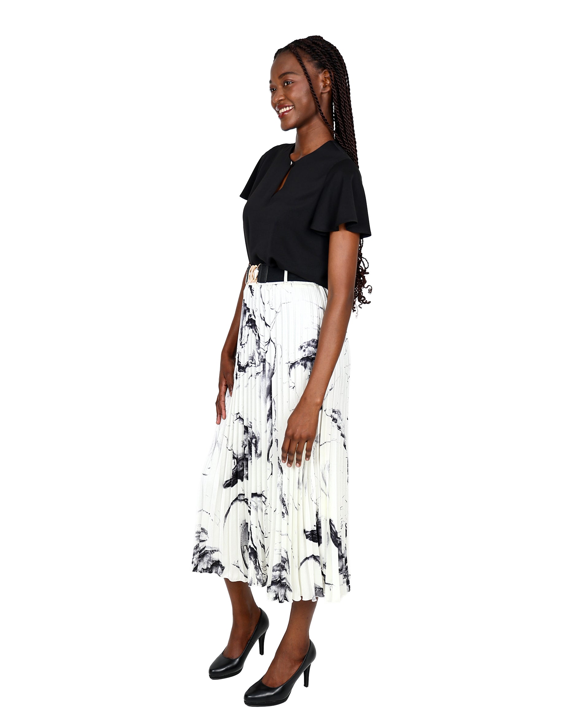 Satin Monochrome Print Pleated Midi Skirt