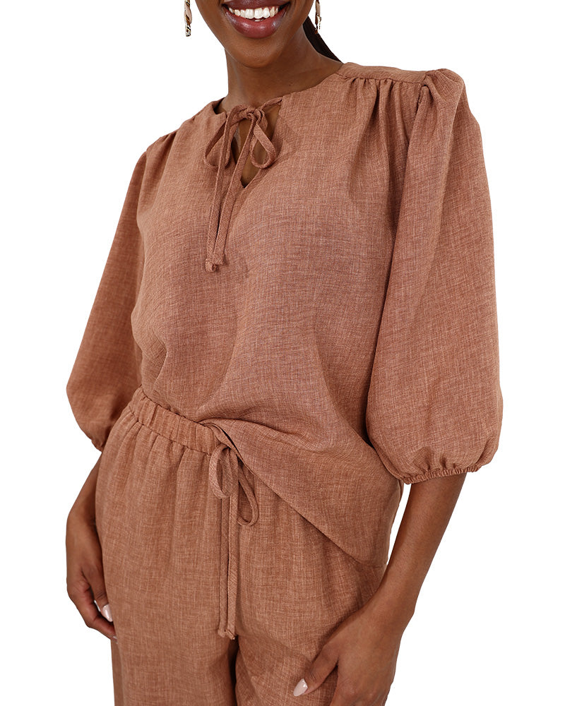 Mocha Puff 3/4 Sleeve Blouse