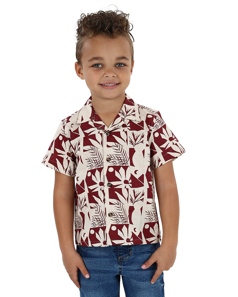 Short Sleeve Burgundy Cuban Print Shirt